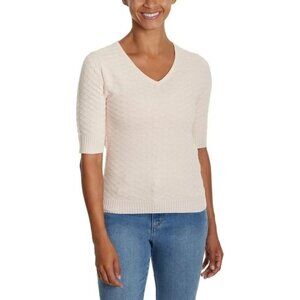 NEW Ella Moss Women's Size S Beige Honeycomb Knit Sweater V-Neck Short Sleeve